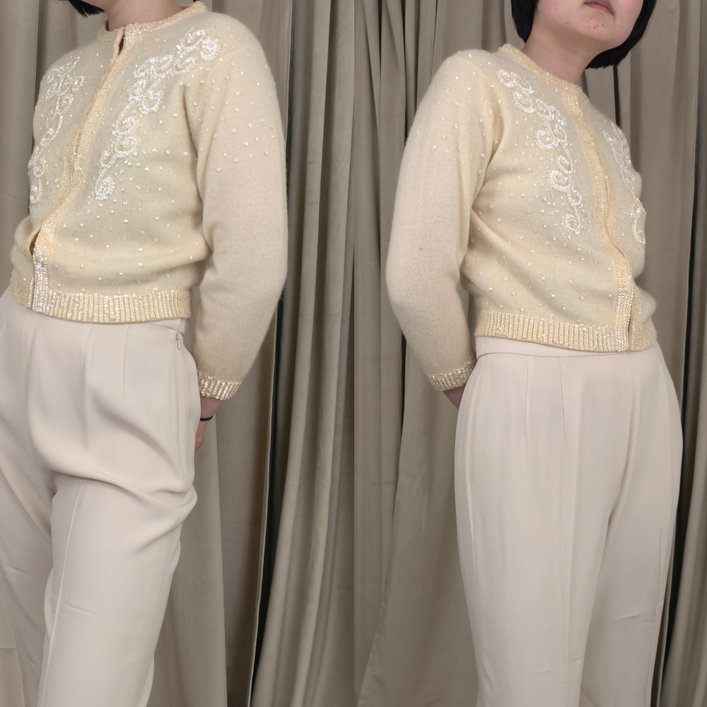 Vintage Wool and Rabbit Hair Cream Cardigan with Sequins Embellishments - Picture 3 of 8